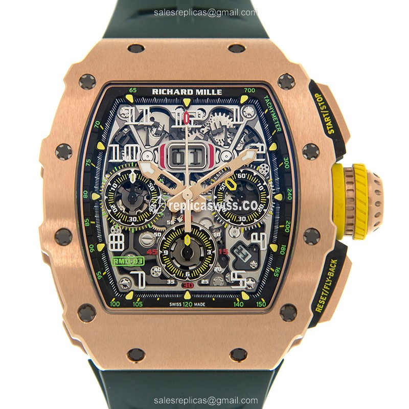 Richard Mille RM11-03 RG - Auto 18kt Rose Gold Case - Silver Dial - Green Rubber Strap - Luxury Richard Mille Watch